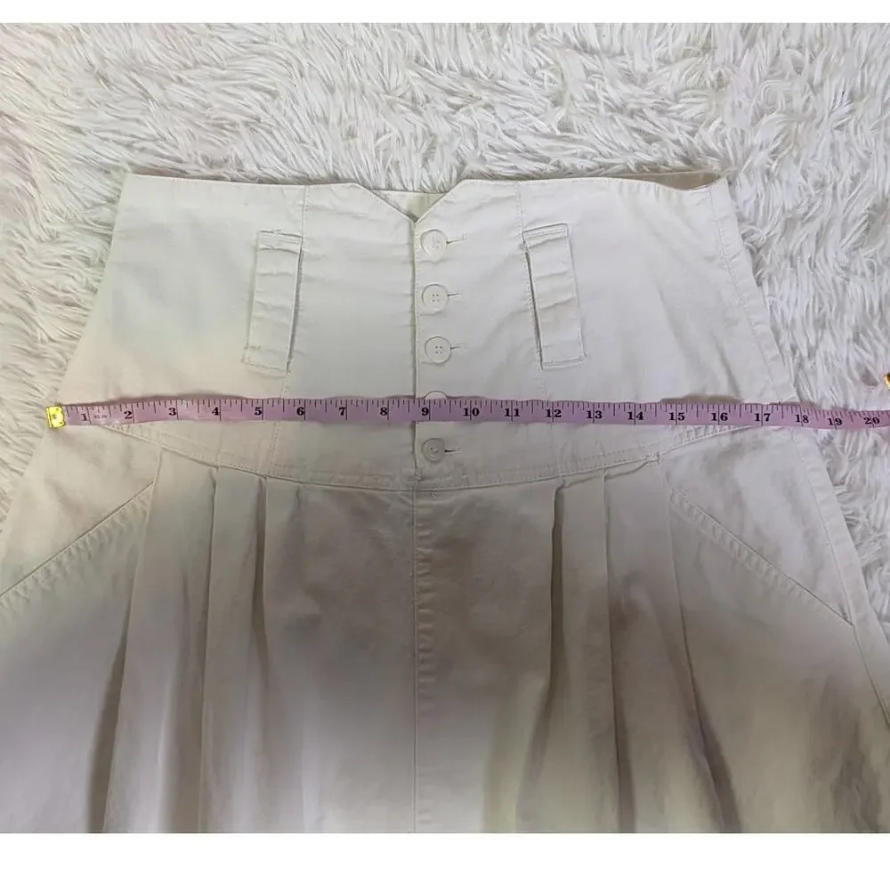 Vintage 90s White Cotton High Waist Pleated Midi Skirt Corset Yoke Waist 9/10